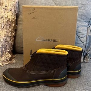 Clarks Dark Brown Quilted Boots with Yellow Trim